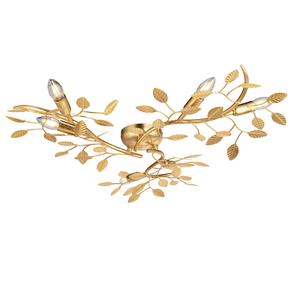 Decolight Gold Branching Leaf 6 Light Semi Flush Ceiling Light