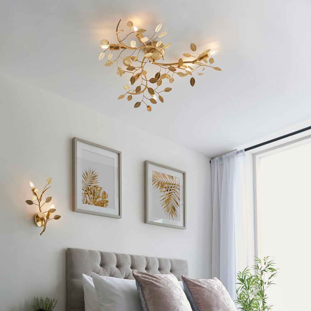 Decolight Gold Branching Leaf 6 Light Semi Flush Ceiling Light