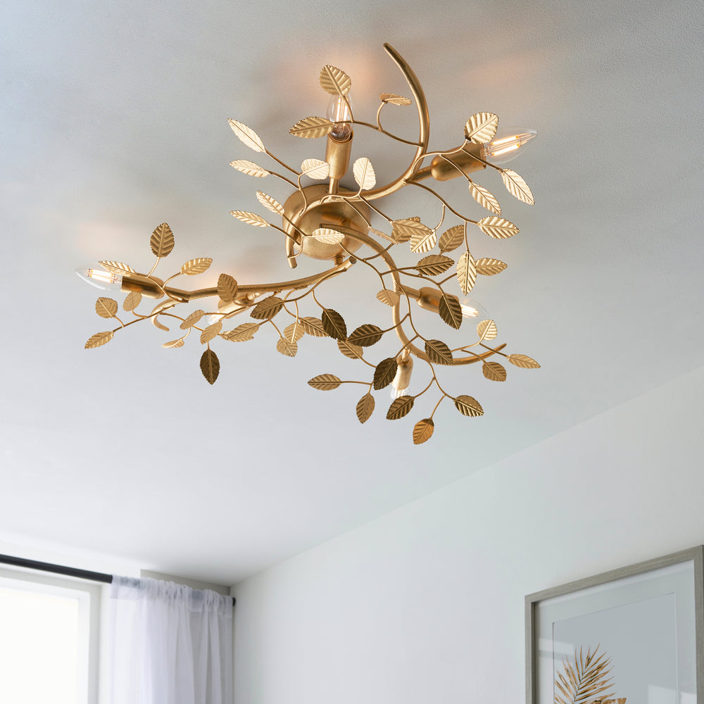 Decolight Gold Branching Leaf 6 Light Semi Flush Ceiling Light